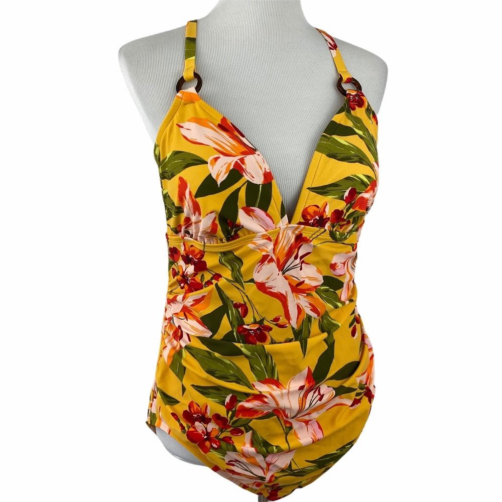 Kona Sol Yellow Floral Ring One Piece Swimsuit XL